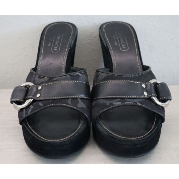 Coach Women's Sz 8M Black Suede Merridith Y2K Wedge Slip-On Buckle Sandals - Picture 1 of 9